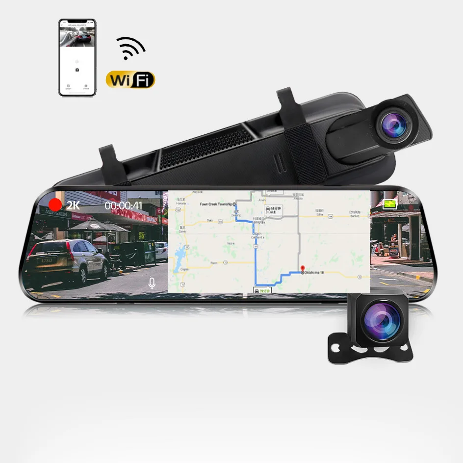 KMIND Car Dashcam 10-inch Full-Screen Streaming Car Recorder 2K HD Rearview Mirror Dual Lens with Reversing Image WIFI,car dash cam