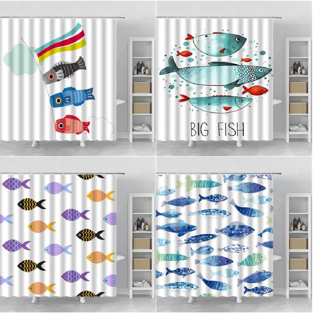 

3d-занавеска для душа с мультяшными рыбками, акулами, цветная занавеска для ванной ручной росписи с животными из океана, занавеска из полиэстера с крючком для декора