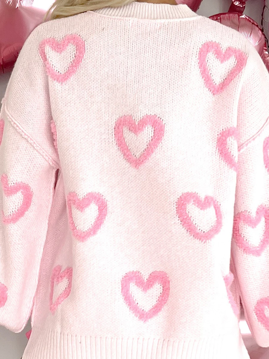 

Women Heart Print Knit Swearer Romantic Oversized Baggy Fuzzy Sweater Valentine s Day Long Sleeve Pullover Knitwear