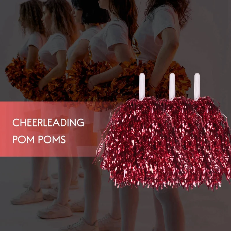 72Pcs Cheerleading Pom Poms Metallic Foil Cheer Pom Poms With Plastic Handle For Adults Kids Cheerleaders Party Red