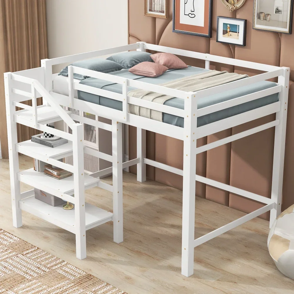 Full Size Loft Bed with Built-in Storage Staircase and Hanger Clothes,White Bed for Boys Bunk Beds for Kids Kids Bed Twin Beds 4