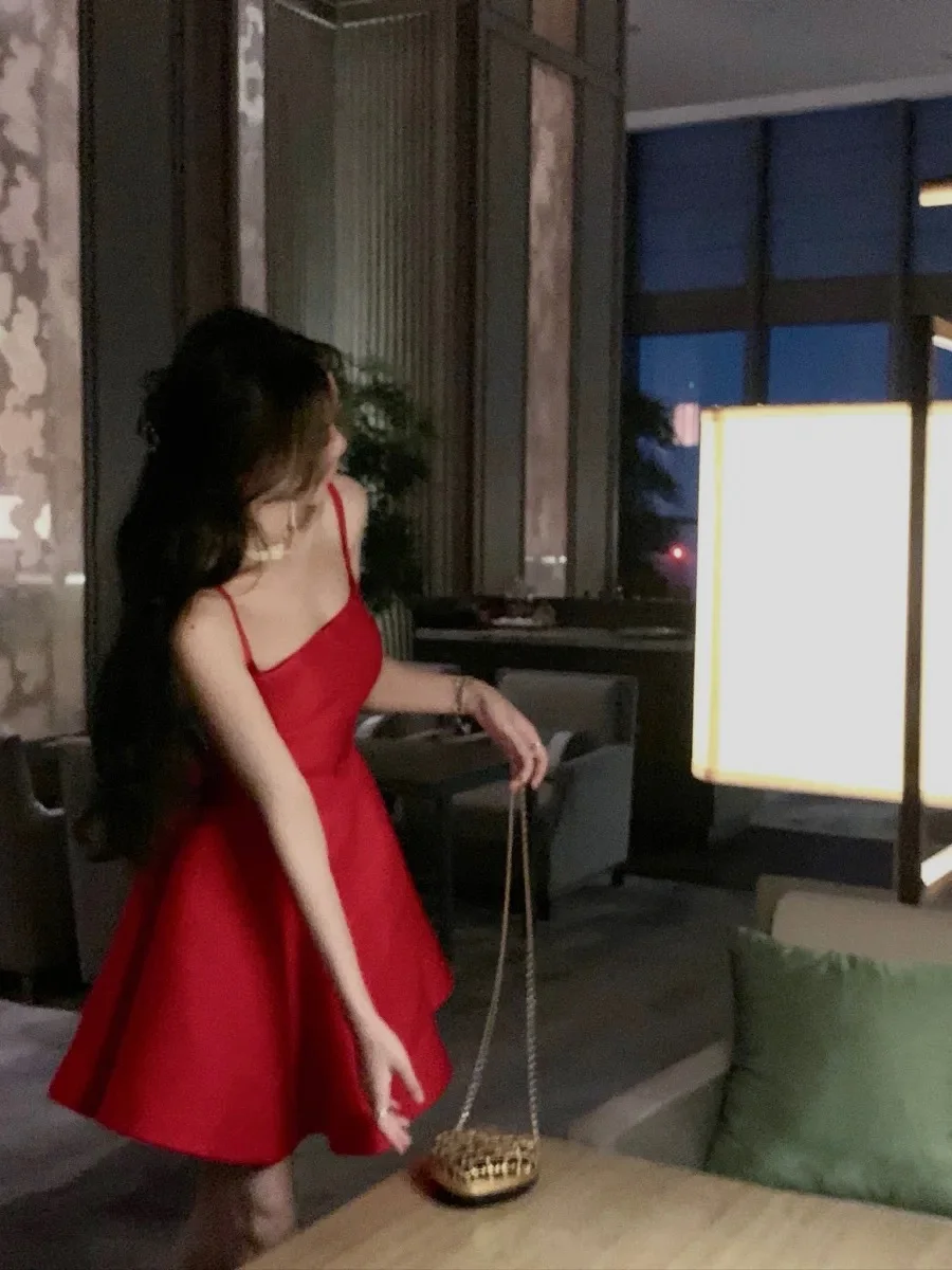 Elegant Short Dresses for Women Summer New Solid Spaghetti Strap A-line Evening Party Dress Prom Chic Clothing Vestidos Mujer