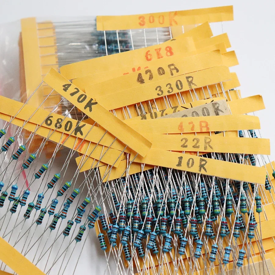 600 unids/set 30 tipos 1/4W resistencia 1% paquete de resistencias de película metálica Kit surtido 1K 10K 100K 220ohm 1M resistencias 300 unids/set