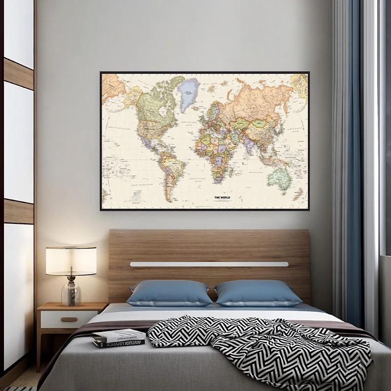 World Map Poster 150*100cm The World Map Poster Retro Non-woven Canvas Painting Wall Art Decorative Hanging Picture Room Office School Supplies