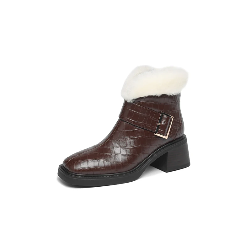 

2023 Women Wool Ankle Boots Autumn Winter Ladies Boots Black Brown Square Toe Chunky Heels Fashion Casual Short Boots