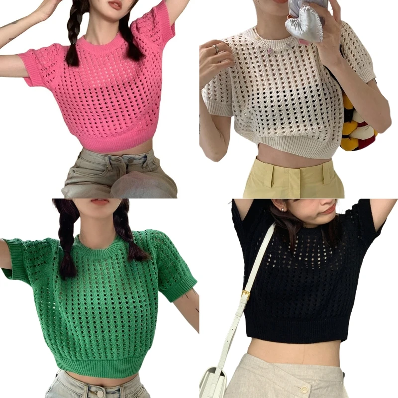 

Женская трикотажная футболка с вырезом, летняя футболка с коротким рукавом и круглым вырезом, укороченный топ