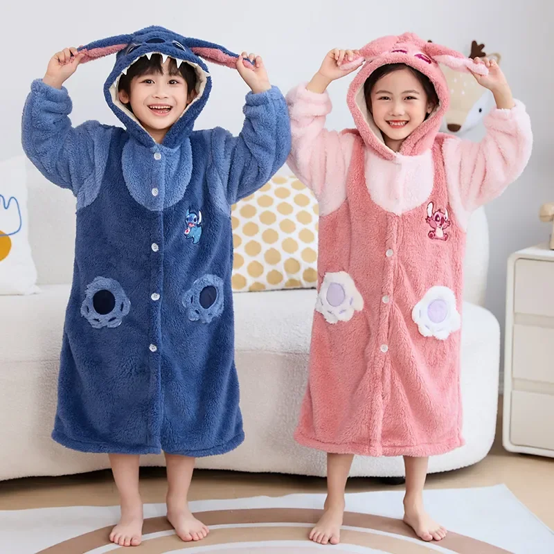 Angel and Stitch Hooded Pajamas Baby Boy Girls New Autumn Winter Children Thickened Warm Coral Fleece Robe Nightgown Clothing