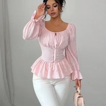 Ruihao French-style Design Shirt 2026 Autumn New U-neck Tie Long-sleeve Top Dress Elegant Femme Boho Prom