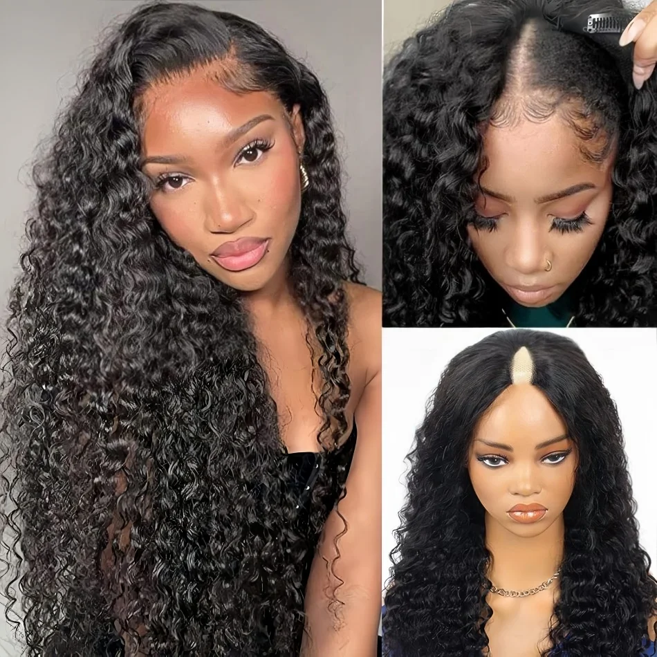 V Part Wig Human Hair Glueless Wigs Deep Wave Human Hair Wigs 100% 250 Density Natural Black No Leave Out No Sew Brazilian Wig