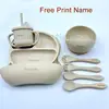 8Pcs Baby Silicone Feeding Set Round Dining Plate Sucker Bowl Dishes For Kids Personalized Name Children's Tableware Straw Cup 6