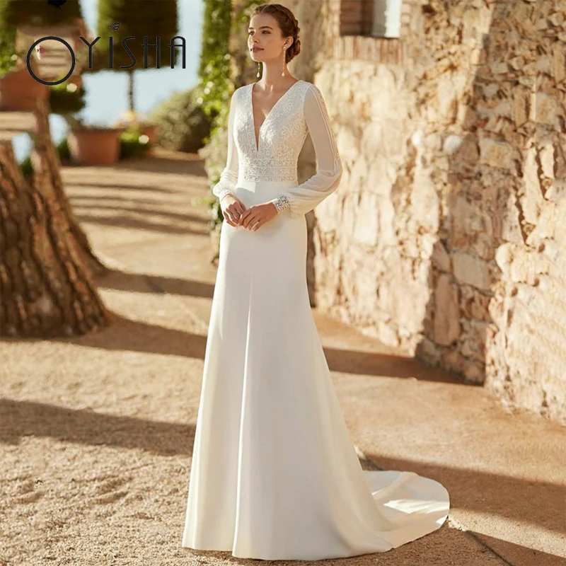 

OYISHA Sexy V-Neck Satin Wedding Dress Puff Sleeves Lace Appliques Bridal Gown Sheer Back Pearl Zipper Bohemian vestido de noiva