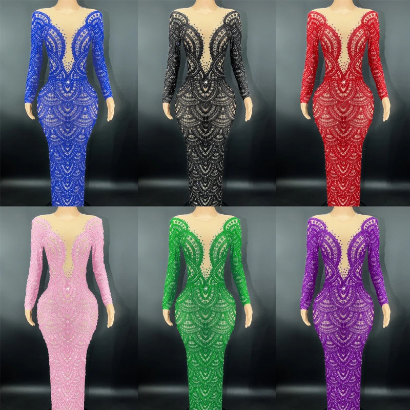 

9 Colors Full Rhinestones Long Dress Long Sleeves Birthday Celebrate Dress Evening Prom Dresses Women Stage Catwalk Outfit 5092