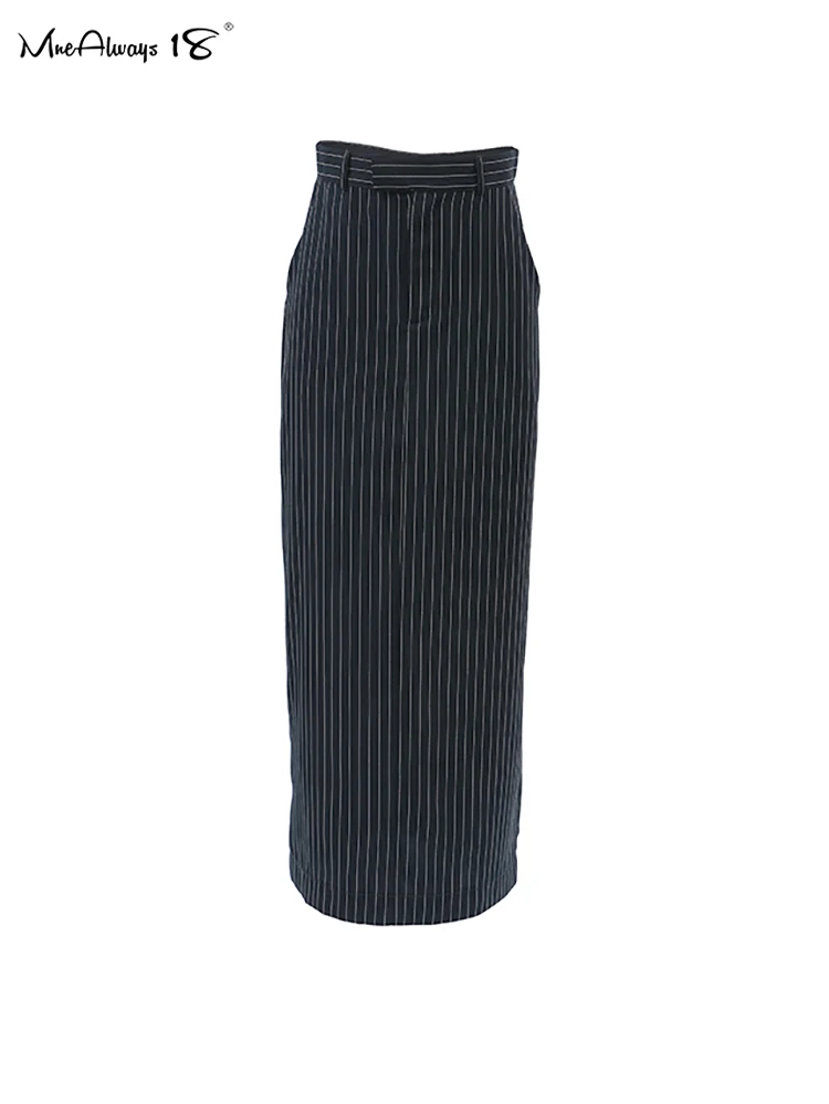 Mnealways18 Streetwear Blue Stripe Straight Skirt Fashion Casual Twill High Waist Skirts Women Spring Office Zipper Long Skirts