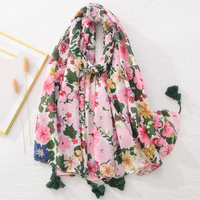 Plant Floral Printing Fashion Tassel Scarf For Muslim Women Shawl Hijabs Soft Scarves Ladies Large Beach Towel Luxury Head Wraps