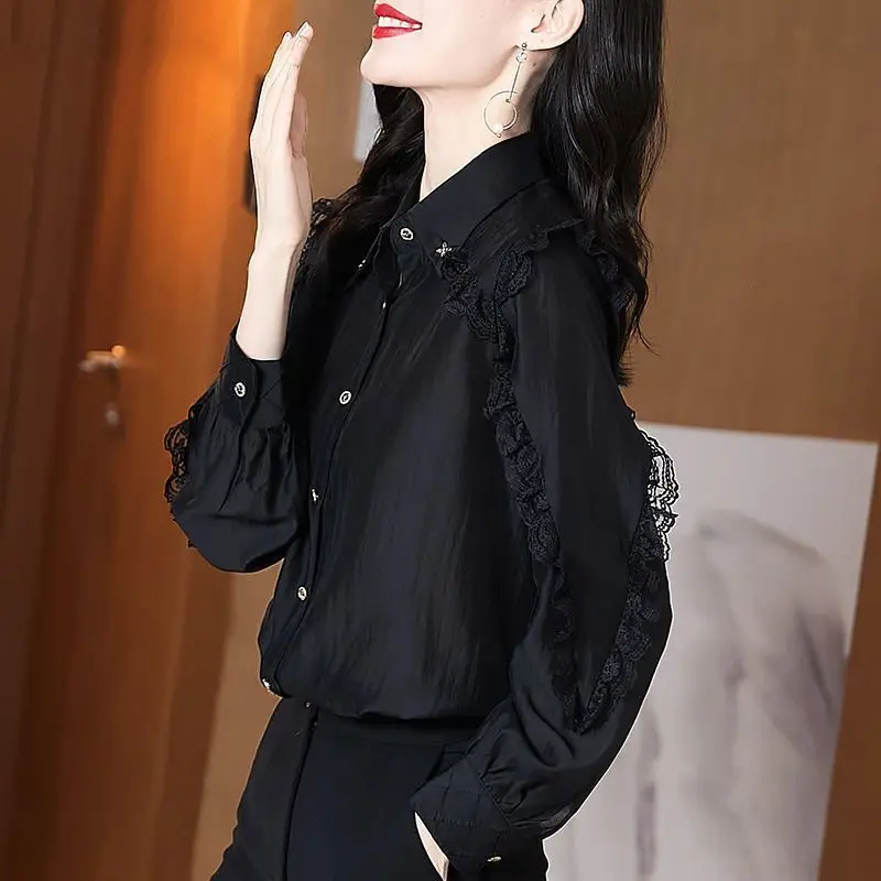 Women's Clothing Lace Patchwork Elegant Button Up Shirt Korean Fashion Black Long Sleeve Loose Blouse Casual Office Lady Blusas