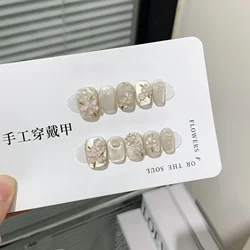 10-Piece Handmade Pink Rhinestone French Manicure Press-On Nail Set (6 Size M)