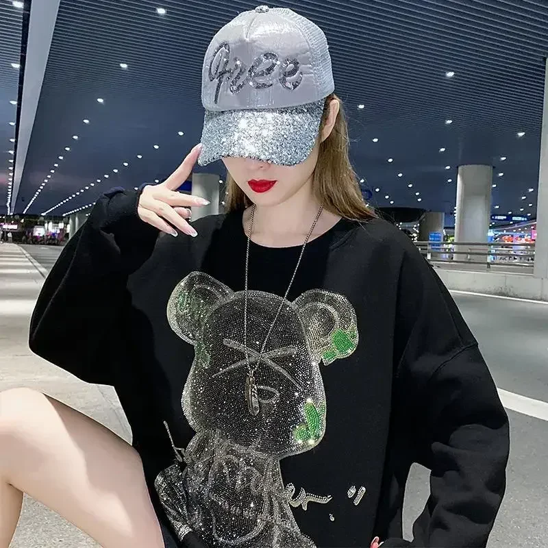 Rhinestone Woman Clothing Glitter Women\'s Sweatshirt Graphic Pullovers Top Round Neck Sequin Thick Y2k Style Essential M Basic E