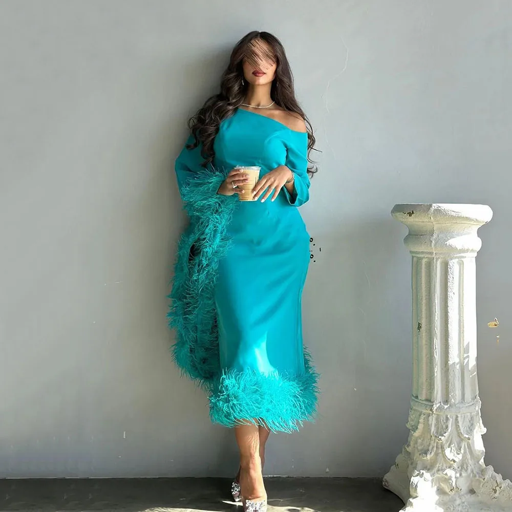 

Arabic Prom Dresses Long Sleeves Feathers Green Women Evening Gowns Formal Occasion Dress Tea Length Luxury Party Dress