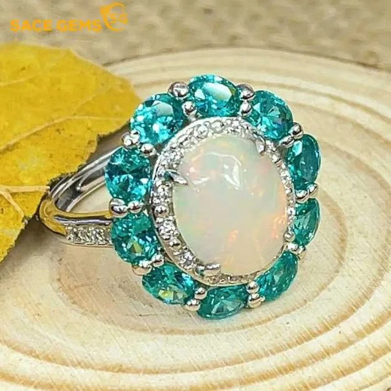 

SACE GEMS Fashion 925 Sterling Silver 8*10mm Natural Opal Luxury Rings for Women Created Wedding Engagement Party Fine Jewelry