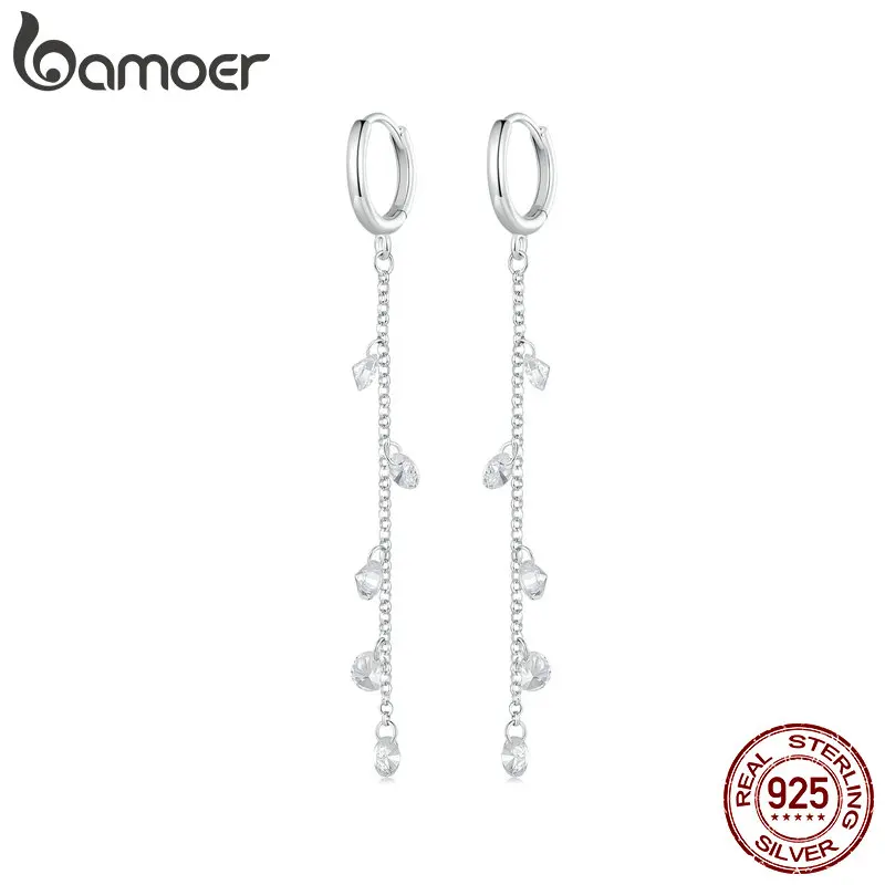

Bamoer 925 Sterling Silver Long Tassel Stud Earrings Shiny Zircon Ear Buckles for Women Anniversary Party Gift Fine Jewelry