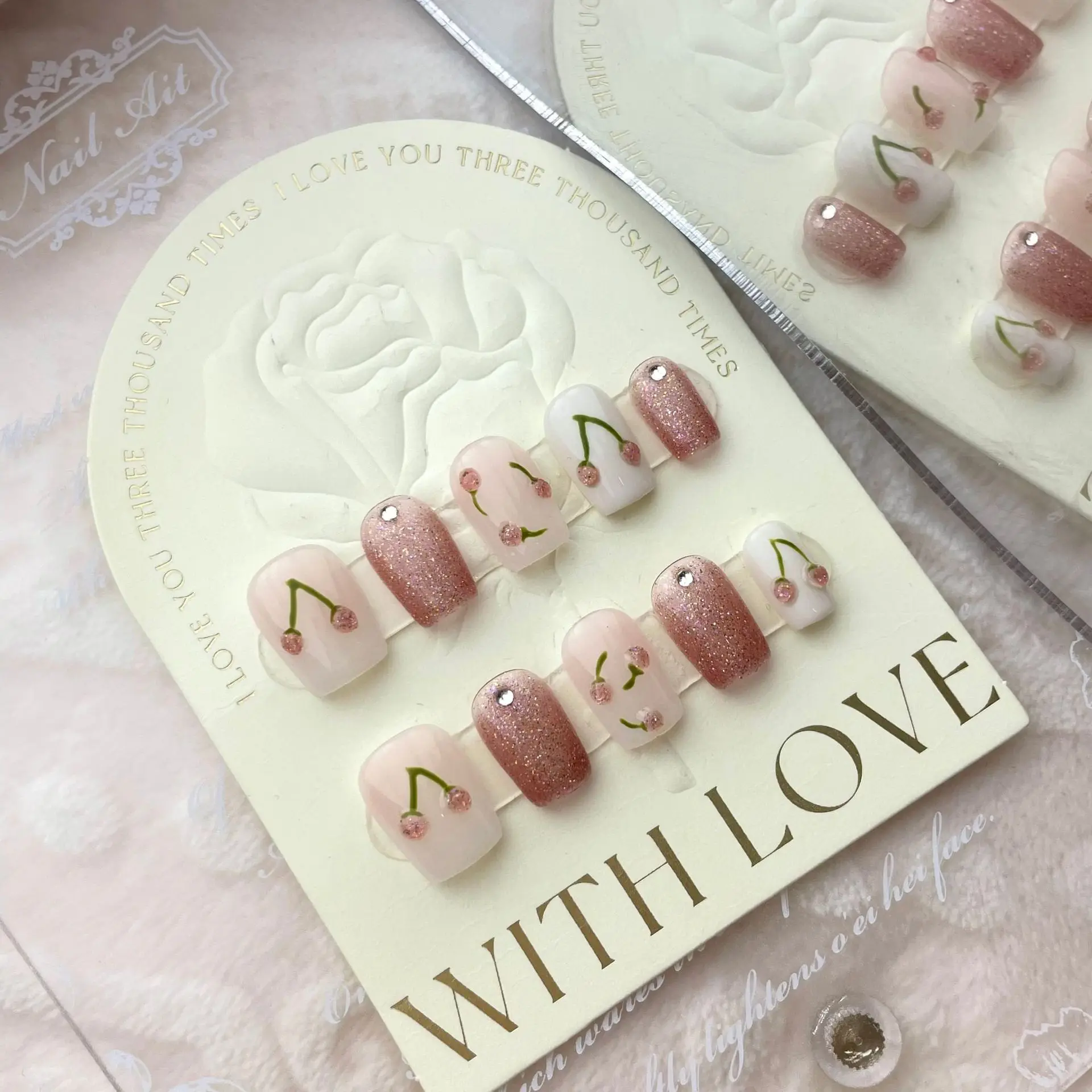 

Handmade Cute Nails Press on Short with Glitter Kawaii Cherry Gentle Fairy Korean Reusable Adhesive False Nails Acrylic Nail Tip