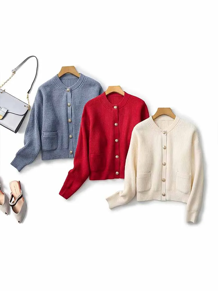 

Женский укороченный кардиган на пуговицах, повседневный трикотажный кардиган с карманами и длинным рукавом, верхняя одежда в винтажном стиле