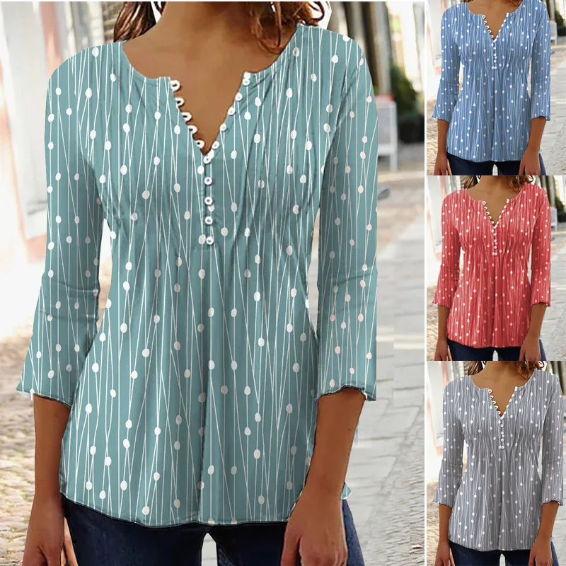 

2023 Spring and Autumn New Women's Tops V-neck Printed Long-sleeved Shirt Bottoming Shirtstreetwear