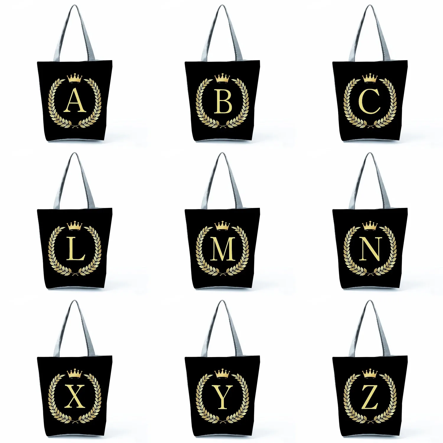 

Travel Storage Bag Large Capacity Handbag Women Shopping Bag Black Initial Letter Crown Print Custom Name Women's Shoulder Bag