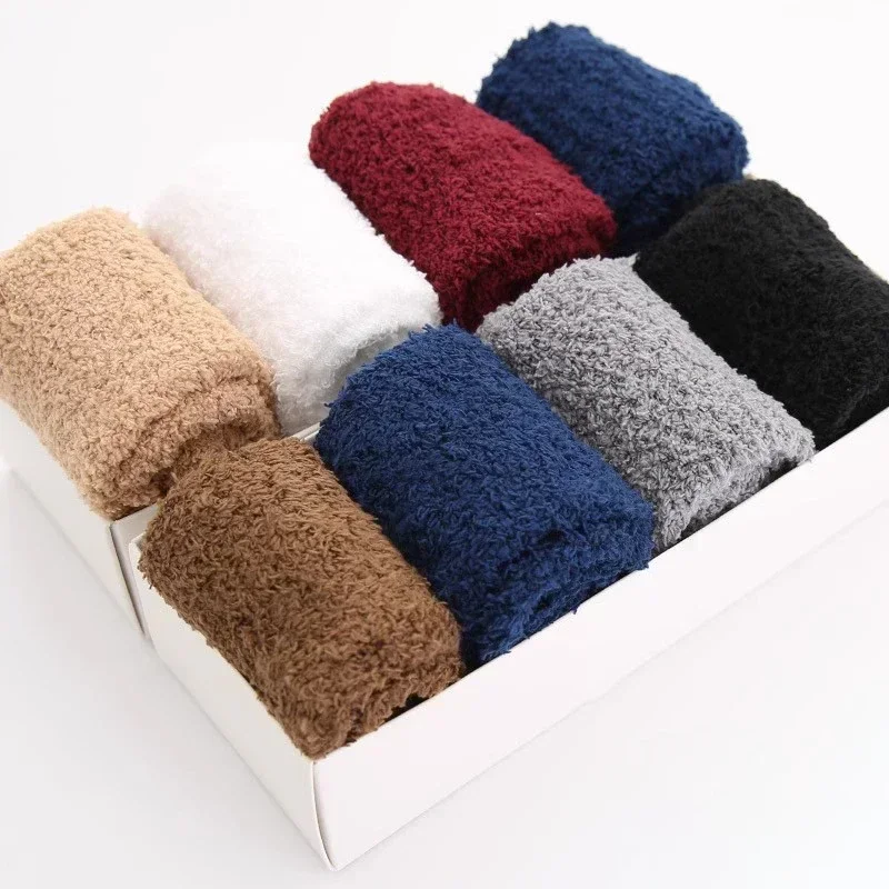 Winter Herren Halbe Fleece Socken Thermo Korallen Fleece Reine Farbe Warm Verdicken Weiche Mid-rohr Boden Hause Schlafen socken für Frauen – Detail 25
