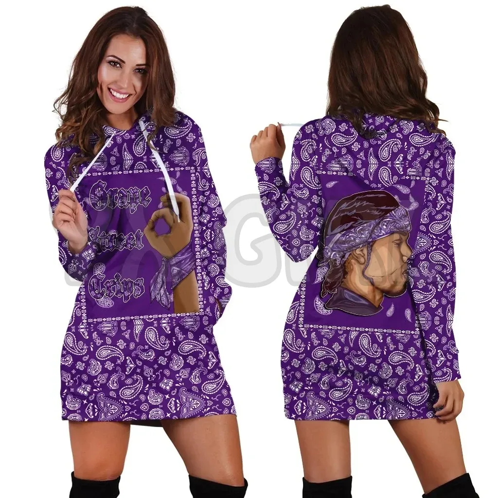 Grape Street Crips Gang  Purple Bandana3D Printed Hoodie Dress Novelty Hoodies Women Casual LongSleeve Hooded Pullover Tracksuit велобандана buff hoodie buff dots mardi grape б р one size 101008 00 311011