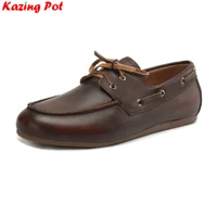 Krazing Pot Plus Size 35-43 Retro Comfort Cow Leather Spring Dance Shoes Lace Up Loafers Mature Luxury Casual Ballet Women Flats 1