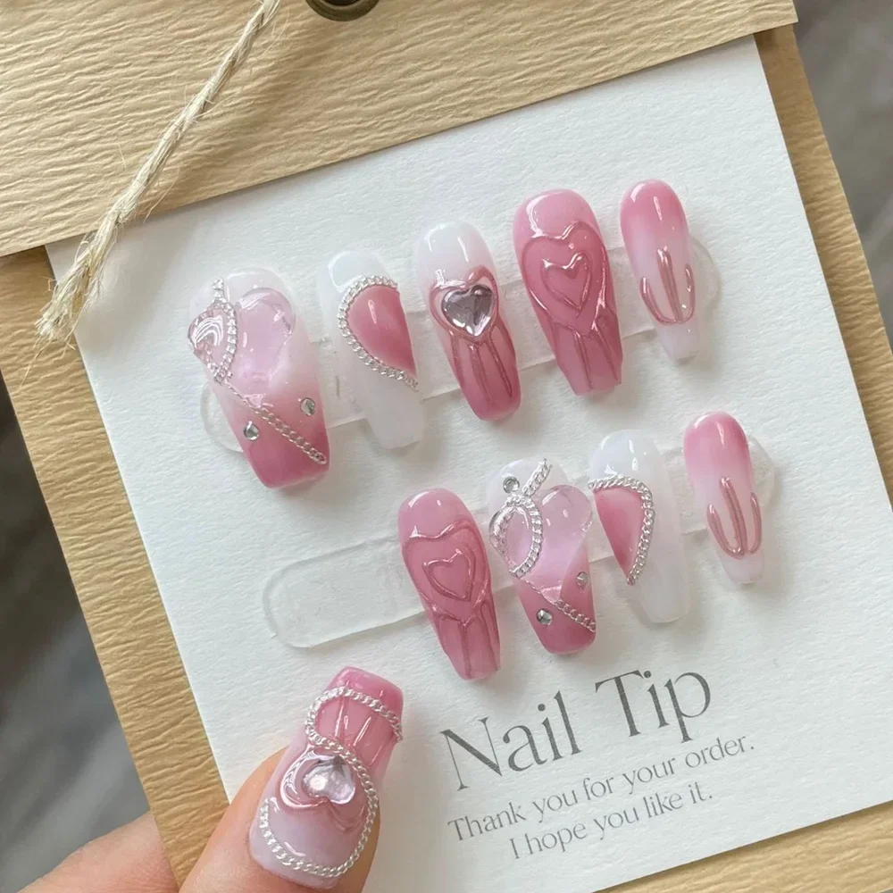 

Pink Handmade Press on Nails Heart Fake with Glue Reusable False Nails Professional Nails Manicure Artificial Tip Art