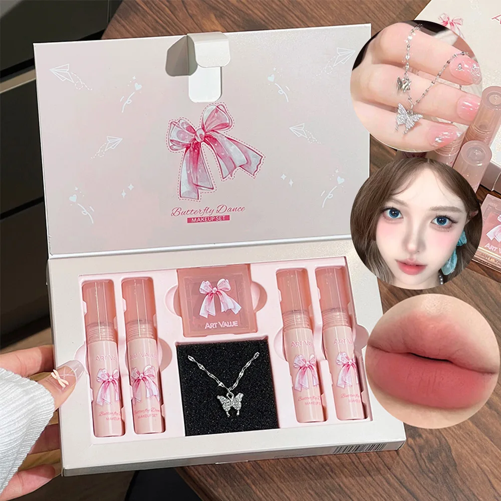 Lip Glosses Makeup Set Lip Makeup Set Makeup Kit Makeup Gift Box Butterfly Dance Color Box Four Lip Glaze Blush Set Necklace Lip Mud Blush Set