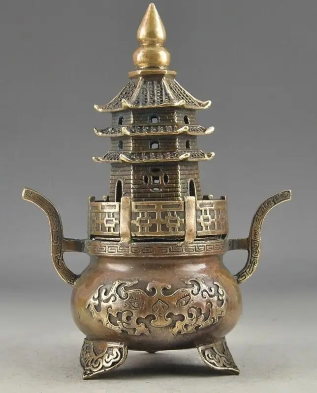 

Chinese Copper Handwork Carving Buddha Tower Stupa Pagoda Incense Burner Censer