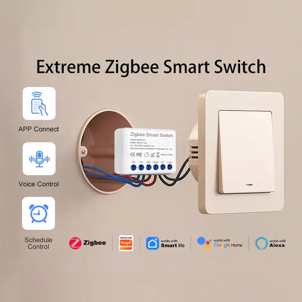 Smart Zigbee Mini Light Switch Module, 16A, with Voice Control Integration