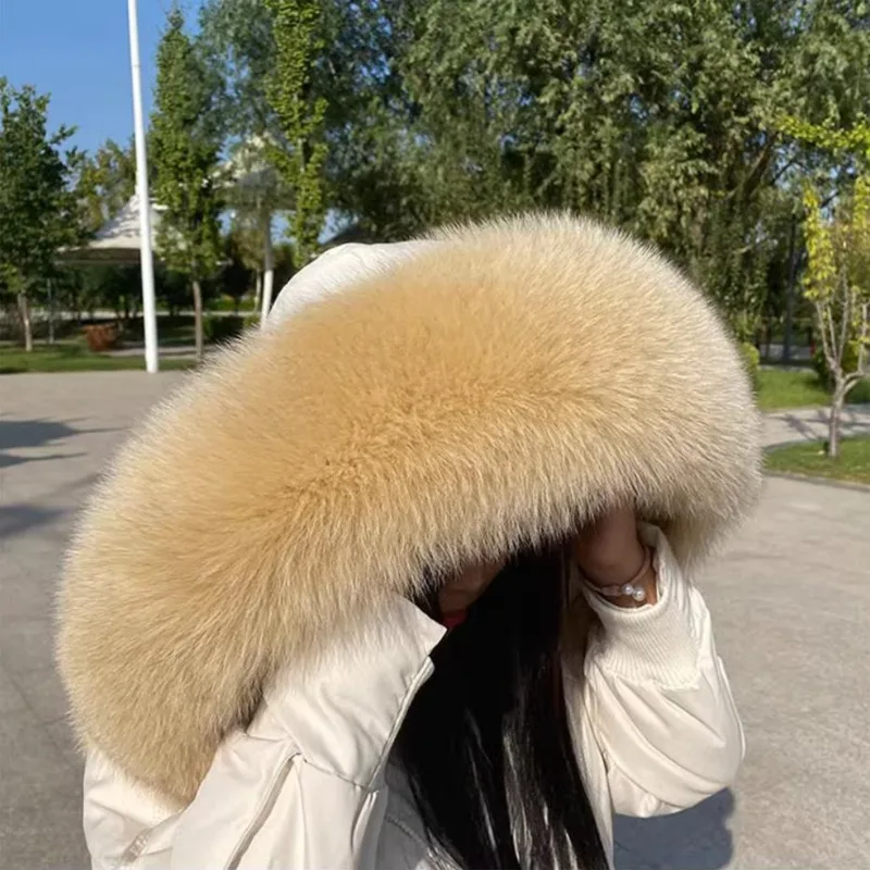 Winter 100% Real Fox Fur Straight Collar Winter Natural Hood Trims Decor Scarf For Coat Parkaks Warm Scarves Luxury Female Shawl 2