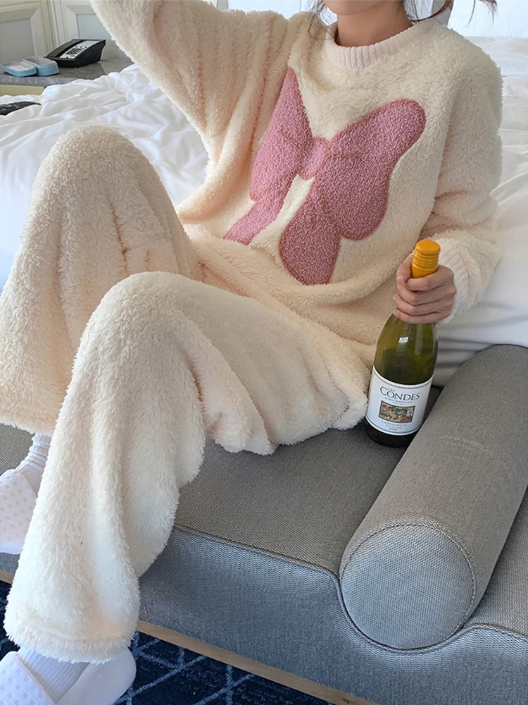 

Милый плюшевый теплый пижамный комплект, Женская домашняя одежда на осень и зиму, домашняя одежда с розовым бантом в стиле преппи, Женский Топ с круглым вырезом и брюки с эластичным поясом