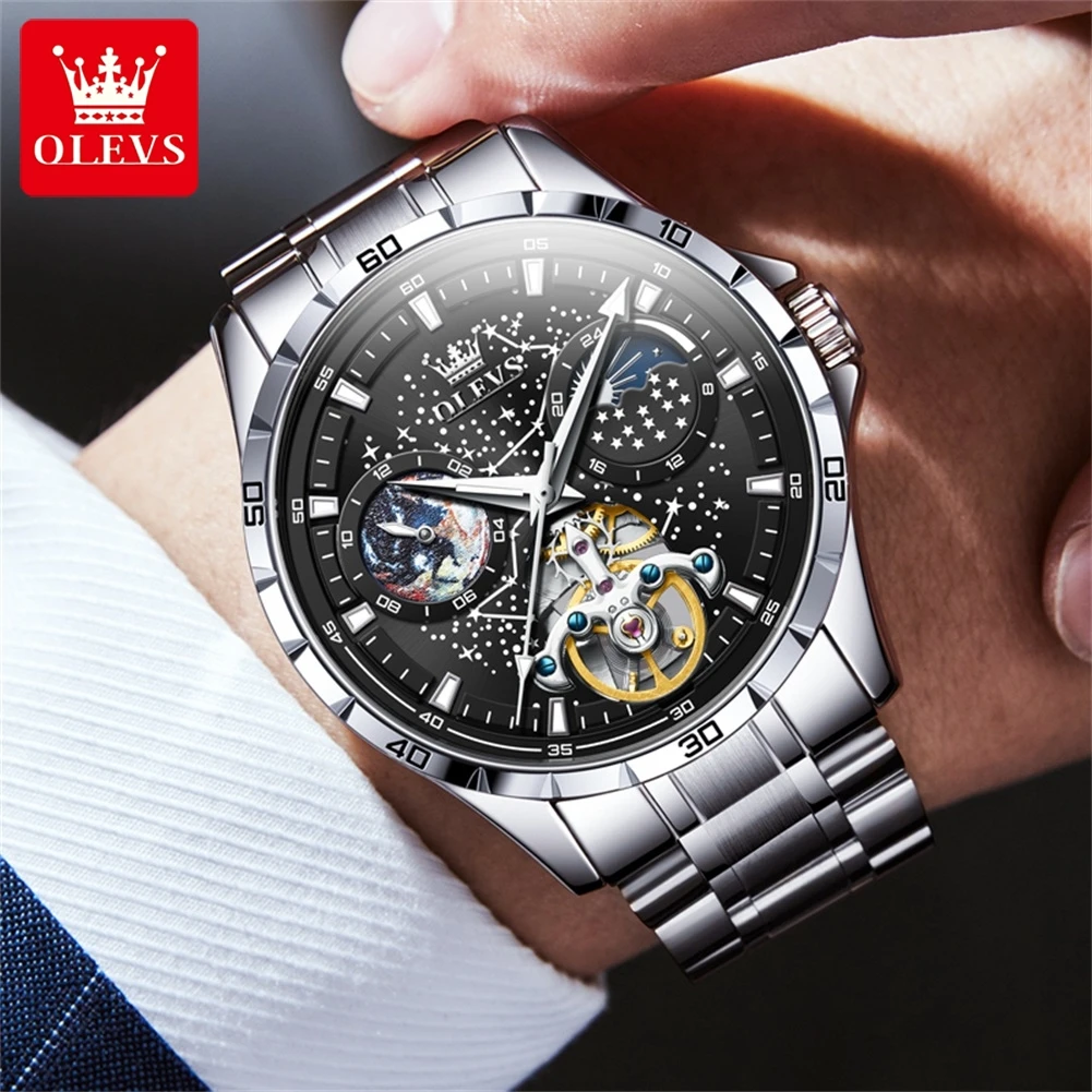 OLEVS Orologio Automatico Uomo Scheletrato: Meccanico A Carica Manuale, Tourbillon E Fasi Lunari, Acciaio Inox Con Diamanti - 3