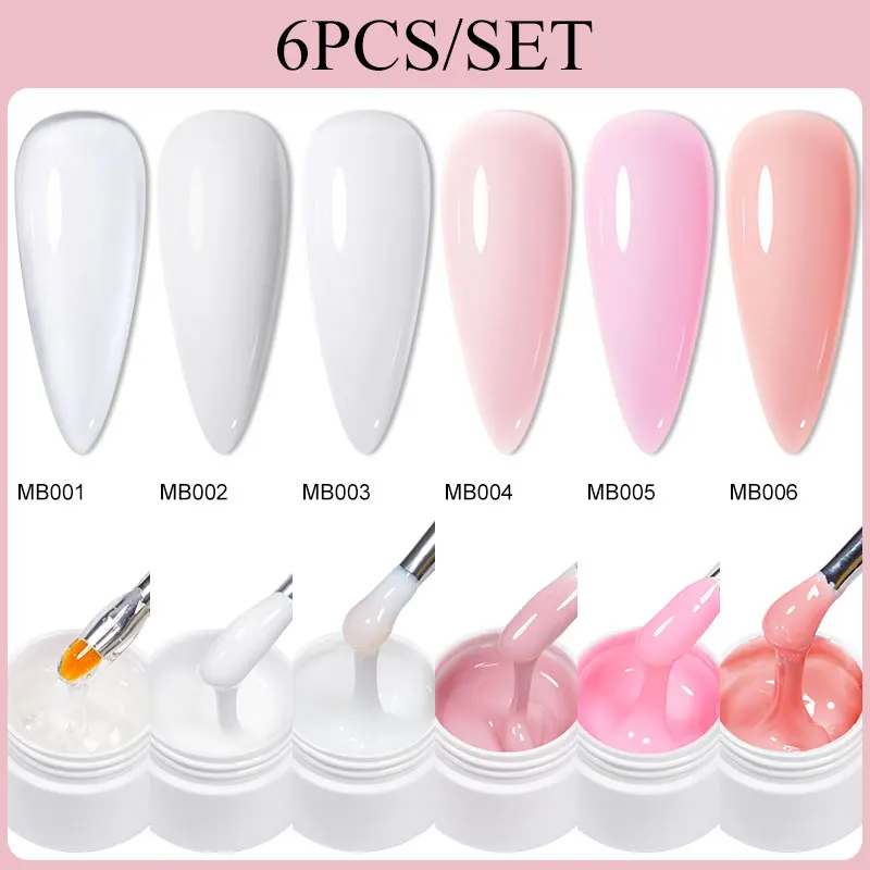 MEET ACROSS 익스텐션 젤 네일 광택제 핑크, 투명 누드 핑거 익스텐션, 반영구 네일 아트, 손톱용 하드 젤, 6 개 세트, 20ml