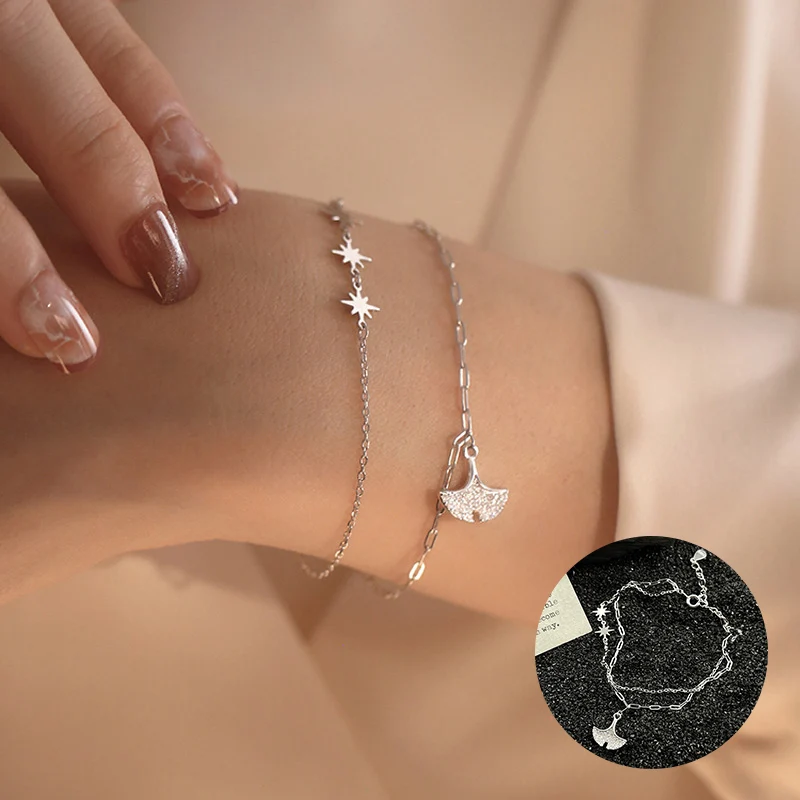 

PANJBJ Ginkgo Zircon Double Layer Bracelets for Women Girl Romantic Elegant Temperament Jewelry Birthday Gift Dropshipping
