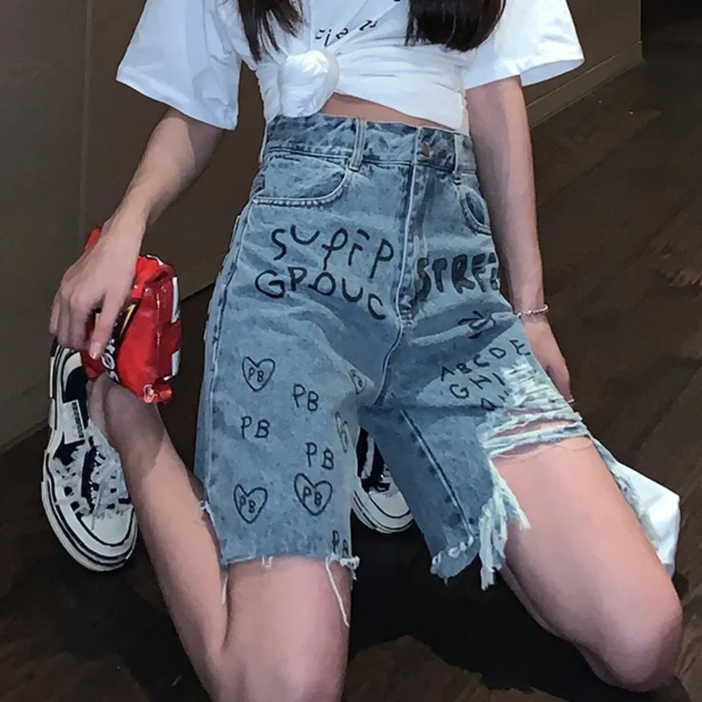 

Girl Half Denim Shorts S-5XL Women Loose Letter Print Short Pants Fashion Graffiti Straight Tube Calf-Length Hole Jeans Pants