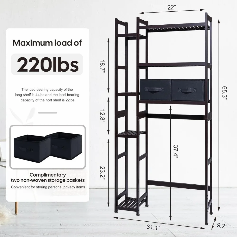 Over The Toilet Storage with Basket and Drawer, Bamboo Bathroom Organizer with Adjustable Shelf & Waterproof Feet Pad 3