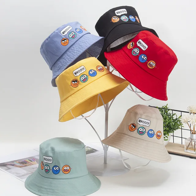  - Korean Cute Cartoon Children Bucket Hats Boys Girls Outdoor Sun Hats Kids Caps with Windproof Rope Kids Accessories