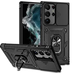 Heavy Duty Protective Case with Slide Camera Cover and Magnetic Ring Holder - Samsung S23 (Black)