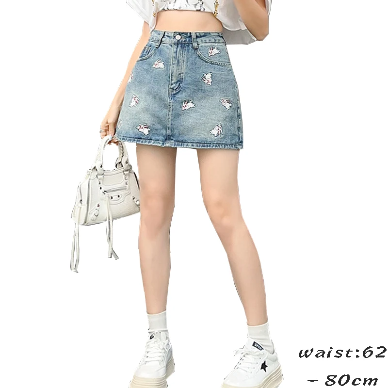 High quality denim bandage short skirt for women a line shape animal embroidery new 2024 youthful lady vintage clothing - blue tb style classic double sleeved red white and blue striped gold button high waist short jacket casual suit small suit