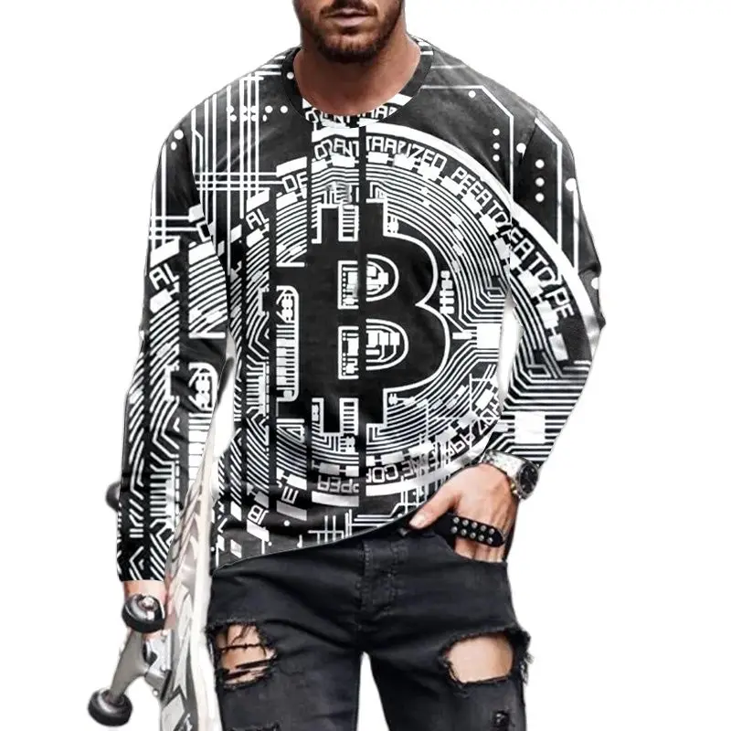 

Vintage Men's Long Sleeve T-shirts 3d Printed Bitcoin Long T Shirt For Men Street O Neck Pullover Oversized Tee Shirt