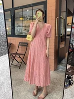 plus Size Women's V-Ne Dr Summer Loose Meat Concealing Pleated A-Line Long Skirt Casual Korean Sle Fro for Pear aped