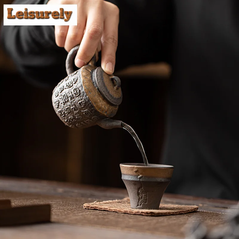 120ml Handmade Heart Sutra Gilded Iron Teapot Glazed Ancient Early Burnt Pot Tea Maker Kettle Kung Fu Tea Services Ornament Gift