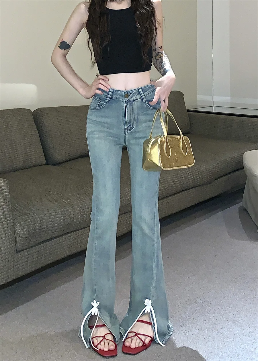 

Slergiri Fashion Y2k Bowknot Split Flare Jeans Women 2024 Spring Summer Korean Casual High Waist Bell Bottom Pants Streetwear