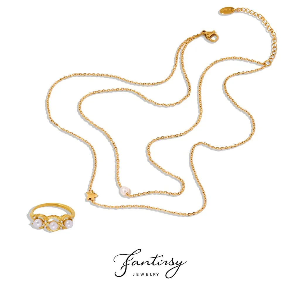 Nachahmung Perle Stern Anhänger Halskette Edelstahl Ring Set frauen Gold Farbe Silber Doppel Schichten Halskette Luxus Schmuck